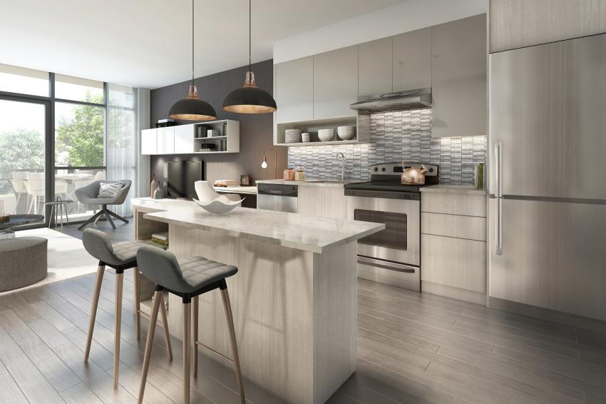 Linear designer kitchens featuring quartz countertops, stainless steel appliances and extended custom-designed cabinetry