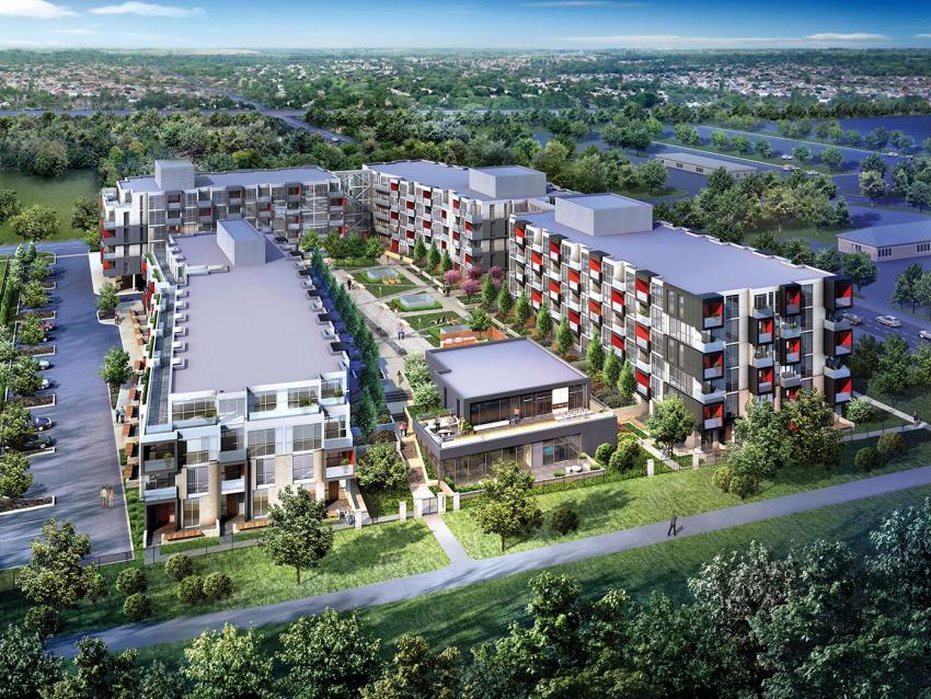 This contemporary four-building community is arranged in a U-Shape around a central courtyard sloping towards the spectacular Bronte Creek