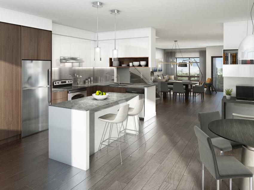 London Collection – Chef’s kitchen features sleek stainless steel appliances, stunning backsplash and a quartz-topped breakfast bar