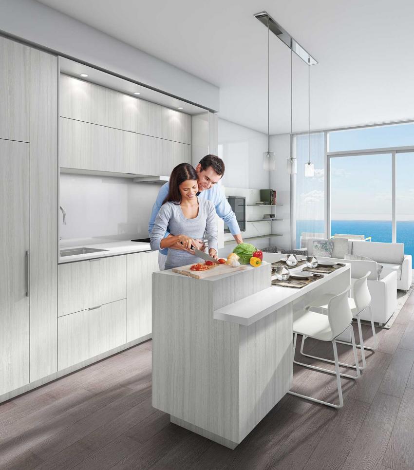 Gourmet kitchens showcase sleek modern cabinetry and premium Euro-style fully integrated panelized appliances
