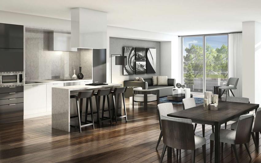 Townhome living and dining at LINK2 has no detail left unturned with Euro-Style kitchens, floor-to-ceiling windows and elegant laminate throughout